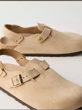 Birkenstock Beige Suede Slingback Clog with Gold Buckle